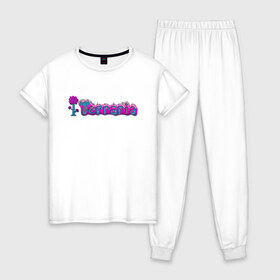 Женская пижама хлопок с принтом Terraria в Петрозаводске, 100% хлопок | брюки и футболка прямого кроя, без карманов, на брюках мягкая резинка на поясе и по низу штанин | game | logo | teraria | terraria | игра | инди игра | логотип | надпись | терария | террария
