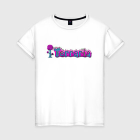 Женская футболка хлопок с принтом Terraria в Петрозаводске, 100% хлопок | прямой крой, круглый вырез горловины, длина до линии бедер, слегка спущенное плечо | game | logo | teraria | terraria | игра | инди игра | логотип | надпись | терария | террария