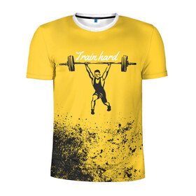 Мужская футболка 3D спортивная с принтом Train hard в Петрозаводске, 100% полиэстер с улучшенными характеристиками | приталенный силуэт, круглая горловина, широкие плечи, сужается к линии бедра | lifting | wheight lifting | wheightlifting | тяжелая атлетика | штанга | штангист