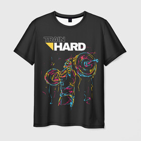 Мужская футболка 3D с принтом Train hard в Петрозаводске, 100% полиэфир | прямой крой, круглый вырез горловины, длина до линии бедер | lifting | wheight lifting | wheightlifting | тяжелая атлетика | штанга | штангист