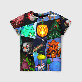 Детская футболка 3D с принтом Terraria allpic в Петрозаводске, 100% гипоаллергенный полиэфир | прямой крой, круглый вырез горловины, длина до линии бедер, чуть спущенное плечо, ткань немного тянется | game | pixel | terraria | игра | пиксель | террариа