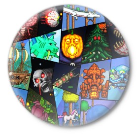 Значок с принтом Terraria allpic в Петрозаводске,  металл | круглая форма, металлическая застежка в виде булавки | game | pixel | terraria | игра | пиксель | террариа