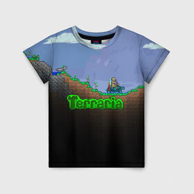 Детская футболка 3D с принтом terraria game в Петрозаводске, 100% гипоаллергенный полиэфир | прямой крой, круглый вырез горловины, длина до линии бедер, чуть спущенное плечо, ткань немного тянется | Тематика изображения на принте: game | pixel | terraria | игра | пиксель | террариа