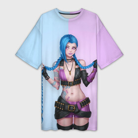 Платье-футболка 3D с принтом League of Legends Jinx в Петрозаводске,  |  | art | braids | cartridges | character | game | girl | jinx | league of legends | lol | pigtails | tattoo | арт | девушка | джинкс | игра | косички | косы | лига легенд | лол | патроны | персонаж | тату