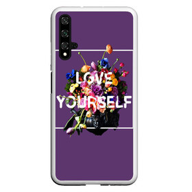 Чехол для Honor 20 с принтом Love Yourself в Петрозаводске, Силикон | Область печати: задняя сторона чехла, без боковых панелей | bangtan | bighit | boy | fake love | j hope | jimin | jin | jungkook | korea | kpop | live | luv | mic drop | rm | suga | v | with | бтс | кей | поп