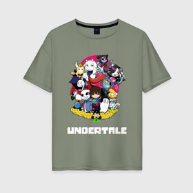 Женская футболка хлопок Oversize с принтом UNDERTALE в Петрозаводске, 100% хлопок | свободный крой, круглый ворот, спущенный рукав, длина до линии бедер
 | asriel dreemurr | chara | frisk | gaster blaster | sans | undertale | азриэль дримурр | андертейл | андрайн | гастер | меттатон | санс | фриск | чара