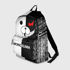 Рюкзак 3D с принтом MONOKUMA. в Петрозаводске, 100% полиэстер | лямки с регулируемой длиной, сверху петелька, чтобы рюкзак можно было повесить на вешалку. Основное отделение закрывается на молнию, как и внешний карман. Внутри два дополнительных кармана, один из которых закрывается на молнию. По бокам два дополнительных кармашка | anime | bear | black  white | danganronpa | kurokuma | monodam | monokuma | monomi | monotaro | pink | rabbit | school | shirokuma | аниме | главарь | мoноми | монокума | черно белый | школа