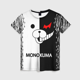 Женская футболка 3D с принтом MONOKUMA. в Петрозаводске, 100% полиэфир ( синтетическое хлопкоподобное полотно) | прямой крой, круглый вырез горловины, длина до линии бедер | anime | bear | black  white | danganronpa | kurokuma | monodam | monokuma | monomi | monotaro | pink | rabbit | school | shirokuma | аниме | главарь | мoноми | монокума | черно белый | школа