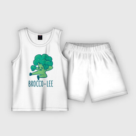 Детская пижама с шортами хлопок с принтом Brocco Lee в Петрозаводске,  |  | Тематика изображения на принте: broccoli | vegan | veggie | брокко ли | брокколи | брюс ли | веган | вегетарианец