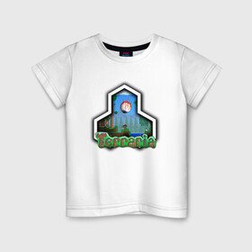 Детская футболка хлопок с принтом Terraria в Петрозаводске, 100% хлопок | круглый вырез горловины, полуприлегающий силуэт, длина до линии бедер | game | logo | teraria | terraria | игра | инди игра | логотип | надпись | терария | террария