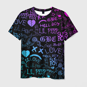 Мужская футболка 3D с принтом LIL PEEP NEON ЛИЛ ПИП НЕОН в Петрозаводске, 100% полиэфир | прямой крой, круглый вырез горловины, длина до линии бедер | Тематика изображения на принте: lil peep | lil prince | pink | зарубежная музыка | лил пип | маленький принц