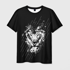 Мужская футболка 3D с принтом Лев  в Петрозаводске, 100% полиэфир | прямой крой, круглый вырез горловины, длина до линии бедер | leon | геометрия | женская толстовка | женская футболка со львом | животные | лев | мужская футболка со львом | треугольники | черная толстовка | черная футболка