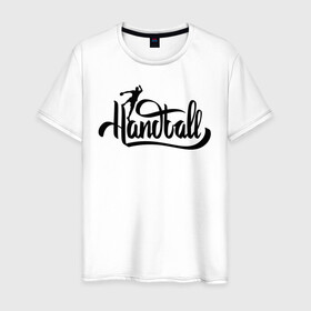 Мужская футболка хлопок с принтом Handball lettering в Петрозаводске, 100% хлопок | прямой крой, круглый вырез горловины, длина до линии бедер, слегка спущенное плечо. | hand ball | handball | play | игра | игра в ганбол | игра с мячом | мяч | руки | футбол