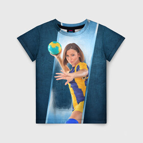 Детская футболка 3D с принтом Гандболистка в Петрозаводске, 100% гипоаллергенный полиэфир | прямой крой, круглый вырез горловины, длина до линии бедер, чуть спущенное плечо, ткань немного тянется | hand ball | handball | play | игра | игра в ганбол | игра с мячом | мяч | руки | футбол
