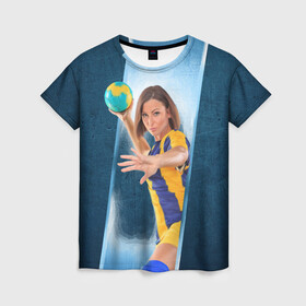 Женская футболка 3D с принтом Гандболистка в Петрозаводске, 100% полиэфир ( синтетическое хлопкоподобное полотно) | прямой крой, круглый вырез горловины, длина до линии бедер | hand ball | handball | play | игра | игра в ганбол | игра с мячом | мяч | руки | футбол