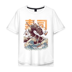Мужская футболка хлопок Oversize с принтом Суши-зила, Китайский дракон в Петрозаводске, 100% хлопок | свободный крой, круглый ворот, “спинка” длиннее передней части | 