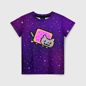 Детская футболка 3D с принтом Nyan Cat в Петрозаводске, 100% гипоаллергенный полиэфир | прямой крой, круглый вырез горловины, длина до линии бедер, чуть спущенное плечо, ткань немного тянется | cat | meme | nyan cat | space | youtube | животное | звезды | интернет | космос | кошка | мем | прикол | радуга | юмор | ютуб