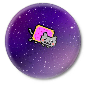 Значок с принтом Nyan Cat в Петрозаводске,  металл | круглая форма, металлическая застежка в виде булавки | cat | meme | nyan cat | space | youtube | животное | звезды | интернет | космос | кошка | мем | прикол | радуга | юмор | ютуб