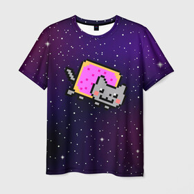 Мужская футболка 3D с принтом Nyan Cat в Петрозаводске, 100% полиэфир | прямой крой, круглый вырез горловины, длина до линии бедер | cat | meme | nyan cat | space | youtube | животное | звезды | интернет | космос | кошка | мем | прикол | радуга | юмор | ютуб