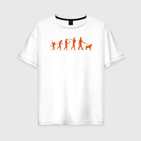 Женская футболка хлопок Oversize с принтом Эволюция любителей собак в Петрозаводске, 100% хлопок | свободный крой, круглый ворот, спущенный рукав, длина до линии бедер
 | венец эволюции | с собакой | собака | собаки | человека | эволюция