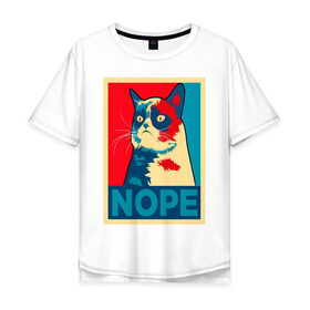 Мужская футболка хлопок Oversize с принтом Grumpy Cat в Петрозаводске, 100% хлопок | свободный крой, круглый ворот, “спинка” длиннее передней части | cat | grumpy | meme | nope | интернет | кот | кот мем | кошка | мем | ноуп | прикол | угрюмый | юмор