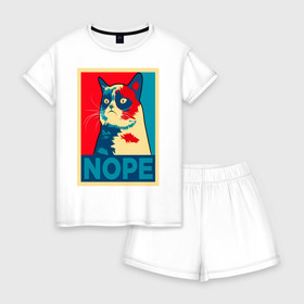 Женская пижама с шортиками хлопок с принтом Grumpy Cat в Петрозаводске, 100% хлопок | футболка прямого кроя, шорты свободные с широкой мягкой резинкой | cat | grumpy | meme | nope | интернет | кот | кот мем | кошка | мем | ноуп | прикол | угрюмый | юмор