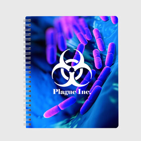 Тетрадь с принтом PLAGUE INC в Петрозаводске, 100% бумага | 48 листов, плотность листов — 60 г/м2, плотность картонной обложки — 250 г/м2. Листы скреплены сбоку удобной пружинной спиралью. Уголки страниц и обложки скругленные. Цвет линий — светло-серый
 | molecule | plague inc | абстракция | бактерии | вирус | клетки | медицина | микробы | молекулы | наука | нейрон | нейроны | планета | текстура | текстуры | формула