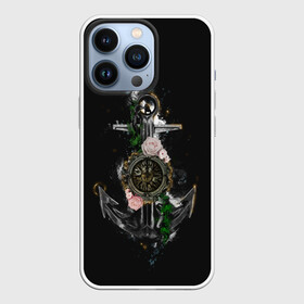 Чехол для iPhone 13 Pro с принтом якорь с компасом и цветами в Петрозаводске,  |  | компас | моряк | розы | темный принт | цветы | якорь