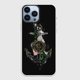 Чехол для iPhone 13 Pro Max с принтом якорь с компасом и цветами в Петрозаводске,  |  | компас | моряк | розы | темный принт | цветы | якорь