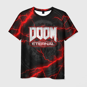 Мужская футболка 3D с принтом DOOM ETERNAL в Петрозаводске, 100% полиэфир | прямой крой, круглый вырез горловины, длина до линии бедер | Тематика изображения на принте: doom | doom eternal | doom slayer | slayer | дум