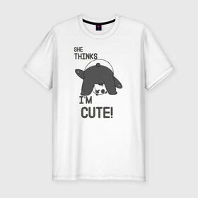 Мужская футболка хлопок Slim с принтом She thinks в Петрозаводске, 92% хлопок, 8% лайкра | приталенный силуэт, круглый вырез ворота, длина до линии бедра, короткий рукав | grizzly | ice bear | panda | the three bare bears | vdzajul | we bare bears | белый | вся правда о медведях | гризли | панда | правда