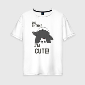 Женская футболка хлопок Oversize с принтом She thinks в Петрозаводске, 100% хлопок | свободный крой, круглый ворот, спущенный рукав, длина до линии бедер
 | grizzly | ice bear | panda | the three bare bears | vdzajul | we bare bears | белый | вся правда о медведях | гризли | панда | правда