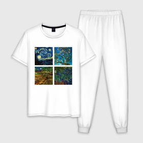 Мужская пижама хлопок с принтом Ван Гог картины в Петрозаводске, 100% хлопок | брюки и футболка прямого кроя, без карманов, на брюках мягкая резинка на поясе и по низу штанин
 | van gogh | арт | ван гог | галерея | живопись | звездная ночь | знаменитая | искусство | картины | пейзаж | рисование | футболка с ван гогом | художник