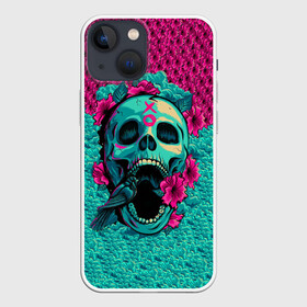 Чехол для iPhone 13 mini с принтом Неоновый череп в Петрозаводске,  |  | 3d | flowers | music | neon | prints | rock | skull | картинки | майки | мем | мода | музыка | неон | прикол | принты | рок | стиль | тренд | футболки | цветы | череп | яркие | яркость