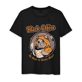 Мужская футболка хлопок с принтом Black Coffee Cat в Петрозаводске, 100% хлопок | прямой крой, круглый вырез горловины, длина до линии бедер, слегка спущенное плечо. | cat | cats | coffee | kitty | magic | prints | картинки | кот | котики | коты | котэ | котята | кофе | кошки | магия | майки | мем | мода | прикол | принты | стиль | тренд | футболки | яркие | яркость