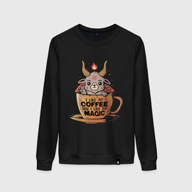 Женский свитшот хлопок с принтом Magic Coffee в Петрозаводске, 100% хлопок | прямой крой, круглый вырез, на манжетах и по низу широкая трикотажная резинка  | Тематика изображения на принте: coffee | evil | magic | prints | зло | картинки | кофе | магия | майки | мем | мода | прикол | принты | стиль | тренд | футболки | яркие | яркость