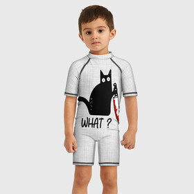 Детский купальный костюм 3D с принтом What cat в Петрозаводске, Полиэстер 85%, Спандекс 15% | застежка на молнии на спине | cat | kitten | knife | what | вопрос | киса | кот | котёнок | кошак | кошка | кровь | нож | удивление | что