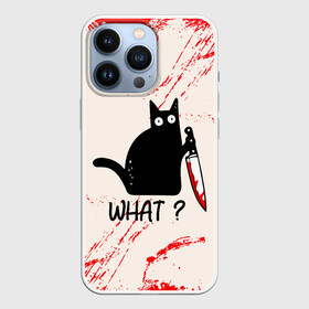 Чехол для iPhone 13 Pro с принтом What cat в Петрозаводске,  |  | Тематика изображения на принте: cat | kitten | knife | what | вопрос | киса | кот | котёнок | кошак | кошка | кровь | нож | удивление | что