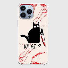Чехол для iPhone 13 Pro Max с принтом What cat в Петрозаводске,  |  | Тематика изображения на принте: cat | kitten | knife | what | вопрос | киса | кот | котёнок | кошак | кошка | кровь | нож | удивление | что