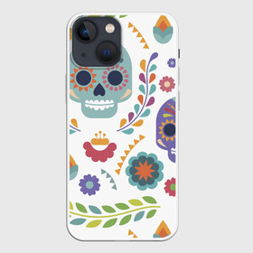 Чехол для iPhone 13 mini с принтом Мексиканские мотивы в Петрозаводске,  |  | Тематика изображения на принте: день мёртвых. череп | мексика | мексиканский | мексиканское | цветок | цветы | черепа