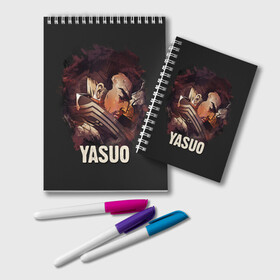 Блокнот с принтом Yasuo в Петрозаводске, 100% бумага | 48 листов, плотность листов — 60 г/м2, плотность картонной обложки — 250 г/м2. Листы скреплены удобной пружинной спиралью. Цвет линий — светло-серый
 | jinx | kda | league | lol | moba | pentakill | riot | rise | rus | skins | варвик | варус | воин | легенд | лига | лол | маг | стрелок | танк | чемпион