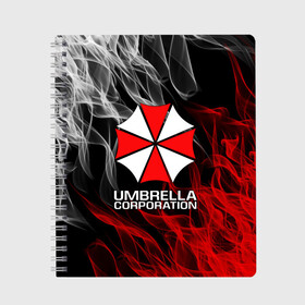 Тетрадь с принтом UMBRELLA CORP в Петрозаводске, 100% бумага | 48 листов, плотность листов — 60 г/м2, плотность картонной обложки — 250 г/м2. Листы скреплены сбоку удобной пружинной спиралью. Уголки страниц и обложки скругленные. Цвет линий — светло-серый
 | ada wong | biohazard | leon | nemesis | project resistance | raccoon city | re2 | resident evil 2 | rpd | stars | umbrella | ада вонг | амбрелла | немесис | ужасы