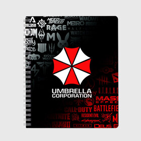 Тетрадь с принтом RESIDENT EVIL (UMBRELLA CORP) в Петрозаводске, 100% бумага | 48 листов, плотность листов — 60 г/м2, плотность картонной обложки — 250 г/м2. Листы скреплены сбоку удобной пружинной спиралью. Уголки страниц и обложки скругленные. Цвет линий — светло-серый
 | ada wong | biohazard | leon | nemesis | project resistance | raccoon city | re | re3 | resident evil | resident evil 3 | rpd | stars | umbrella | ада вонг | амбрелла | немезис | ужасы