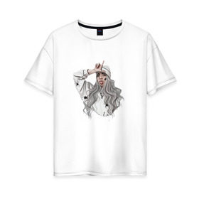 Женская футболка хлопок Oversize с принтом Billie Eilish в Петрозаводске, 100% хлопок | свободный крой, круглый ворот, спущенный рукав, длина до линии бедер
 | billie eilish | билли айлишь | девушка | милая девушка | певица | человек