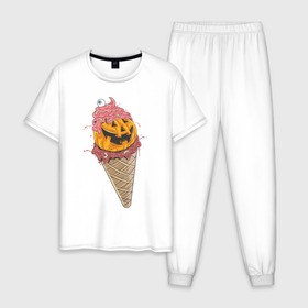 Мужская пижама хлопок с принтом Pumpkin IceCream в Петрозаводске, 100% хлопок | брюки и футболка прямого кроя, без карманов, на брюках мягкая резинка на поясе и по низу штанин
 | Тематика изображения на принте: helloween | ice cream | icecream | pumpkin | глаз | глазурь | еда | крем | мороженое | рожок | тыква | улыбка