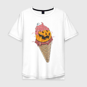 Мужская футболка хлопок Oversize с принтом Pumpkin IceCream в Петрозаводске, 100% хлопок | свободный крой, круглый ворот, “спинка” длиннее передней части | helloween | ice cream | icecream | pumpkin | глаз | глазурь | еда | крем | мороженое | рожок | тыква | улыбка