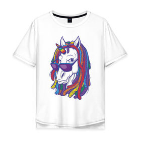 Мужская футболка хлопок Oversize с принтом Rasta Unicorn в Петрозаводске, 100% хлопок | свободный крой, круглый ворот, “спинка” длиннее передней части | bob | bobmarley | dreadlocks | horse | rasta | unicorn | боб марли | дредлок | дредлоки | дреды | единорог | лошадь | раста | растаман | цвет