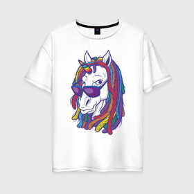 Женская футболка хлопок Oversize с принтом Rasta Unicorn в Петрозаводске, 100% хлопок | свободный крой, круглый ворот, спущенный рукав, длина до линии бедер
 | bob | bobmarley | dreadlocks | horse | rasta | unicorn | боб марли | дредлок | дредлоки | дреды | единорог | лошадь | раста | растаман | цвет