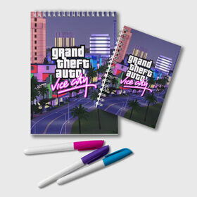 Блокнот с принтом Grand Theft Auto Vice City в Петрозаводске, 100% бумага | 48 листов, плотность листов — 60 г/м2, плотность картонной обложки — 250 г/м2. Листы скреплены удобной пружинной спиралью. Цвет линий — светло-серый
 | grand theft auto 2 | grand theft auto 3 | grand theft auto v | grand theft auto: san andreas | grand theft auto: vice city | gta 1 | gta 2 | gta 3 | gta 4 | gta 5 | gta online | gta v | город | игры