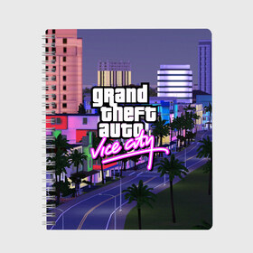 Тетрадь с принтом Grand Theft Auto Vice City в Петрозаводске, 100% бумага | 48 листов, плотность листов — 60 г/м2, плотность картонной обложки — 250 г/м2. Листы скреплены сбоку удобной пружинной спиралью. Уголки страниц и обложки скругленные. Цвет линий — светло-серый
 | Тематика изображения на принте: grand theft auto 2 | grand theft auto 3 | grand theft auto v | grand theft auto: san andreas | grand theft auto: vice city | gta 1 | gta 2 | gta 3 | gta 4 | gta 5 | gta online | gta v | город | игры